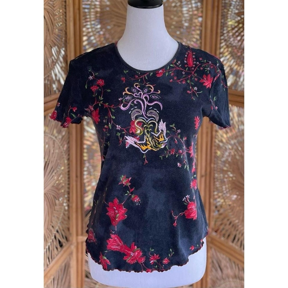 Vintage Y2K Sisley Embroidered Bird Black with Red Flowers Top Shirt Blouse